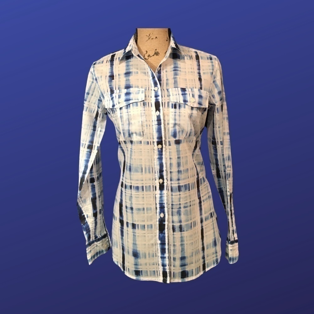 LAUREN RALPH LAUREN 100% Cotton Voile Shirt, BLUE/WHITE TIE DYE, Size SP, NWOT